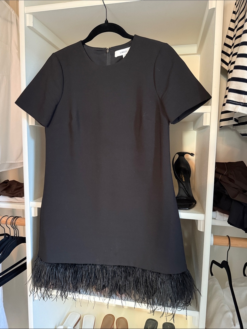 Likely Black Short Sleeve Shift Dress with Feather Hem